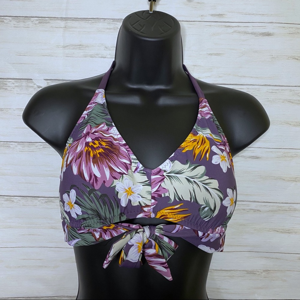 Kona Sol Purple Floral Tropical Front Tie Halter Bikini Swim Top - Medium